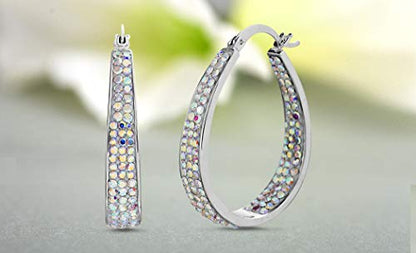 Devin Rose Oval Inside Outside Hoop Earrings for Women Faceted Sparkle Crystals - color: Rainbow