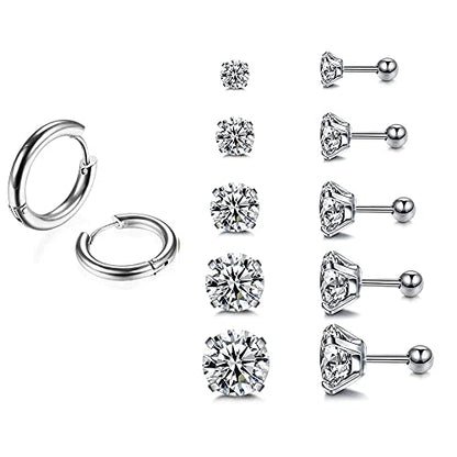 316L Surgical Stainless Steel Huggie Hoop Earrings 6MM Silver Stud Earrings Set Hypoallergenic Earrings for Women Men