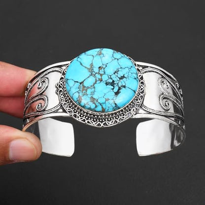 Silver Plated Statement Cuff Bangle Bracelet for Women – Handcrafted Wide Boho Bracelet with Natural Stone Inlay (Abalone Shell, Blue Turquoise, Malachite) Ideal Gift For Birthday Anniversaries Adjustable Fashion Jewelry - color: Round Shape Turquoise