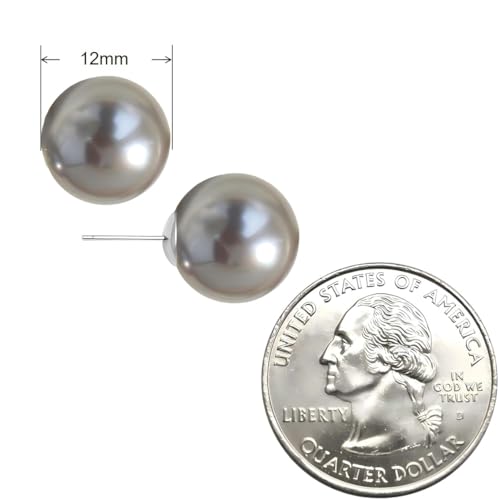 Grey Faux Pearl Stud Earrings, S925 Silver Posts Hypoallergenic for Women - color: Tahitian Platinum Grey, size: 12mm
