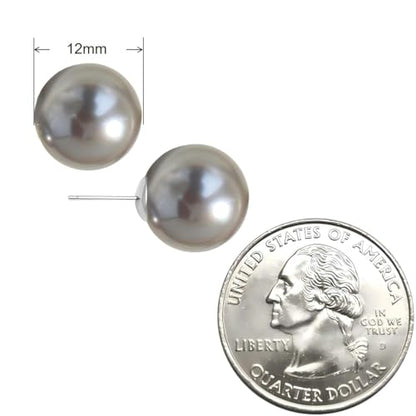 Grey Faux Pearl Stud Earrings, S925 Silver Posts Hypoallergenic for Women - color: Tahitian Platinum Grey, size: 12mm