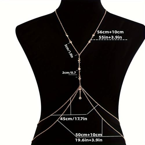 Rhinestone Body Chain Jewelry for Women Layered Diamond Cz Body Necklace Crystal Crossover Belly Waist Chain Bikini Accessory - color: Gold