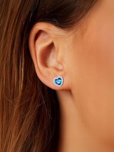 FindChic Birthstone Earrings for Women, Round/Heart/Square/Teardrop Earrings with 925 Sterling Silver Posts & Push Backs, Hypoallergenic Studs with Cubic Zirconia, 12 Months Jewelry with Gift Box - style: 12. December-Blue Topaz (Heart-Silver)