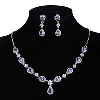 EleQueen Women's Silver-Tone Cubic Zirconia Teardrop Flower Bridal V-Necklace Sets Tennis Bracelet Dangle Earrings for Wedding Bridesmaids - color: Amethyst Color