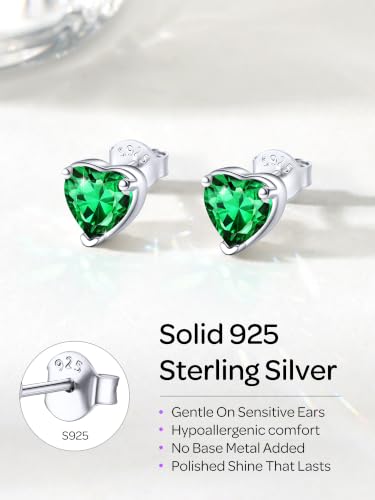 ChicSilver 925 Sterling Silver Earrings Sparkling Heart/Round/Princess Cut Birthstone Earrings for Women Birthday Jewelry with Gift Box - style: B.May(Emerald)-Heart Cut