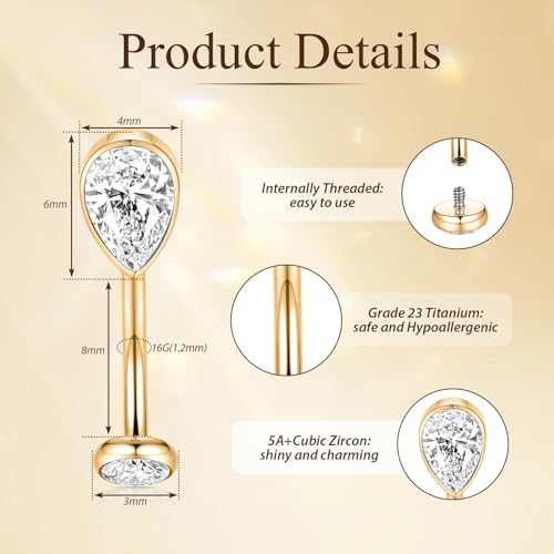 PEAKLINK G23 Titanium Eyebrow Ring 16G Rook Daith Tragus Helix Piercing Internal Threaded Curved Barbell Vertical Labret Lip Jewelry Small Belly Button Ring - color: Gold with Claer CZ
