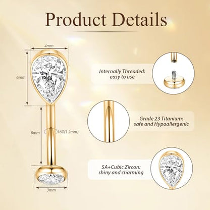 PEAKLINK G23 Titanium Eyebrow Ring 16G Rook Daith Tragus Helix Piercing Internal Threaded Curved Barbell Vertical Labret Lip Jewelry Small Belly Button Ring - color: Gold with Claer CZ