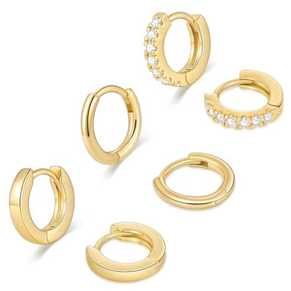 micuco 3 Pairs Small Gold Hoop Huggie Earrings Set for Women Men Tendy | 14K Gold Plated Small Huggie Hoop Earrings for Men, Tiny Cartilage Hypoallergenic Earring Set - style: O# 3 Pairs Gold 8-8-8mm