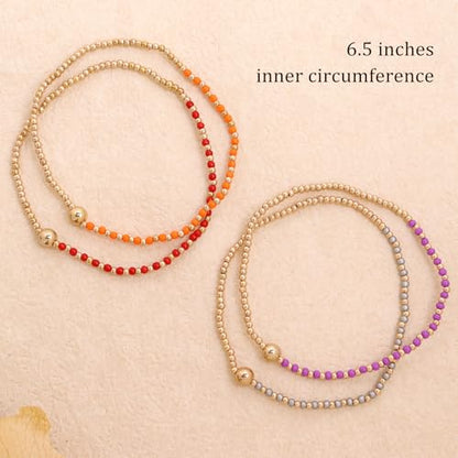 Gold Beaded Stackable Friendship Bracelets Set for Women, Handmade Boho Stretch Summer Jewelry Gift. - color: gold orange gray red purple