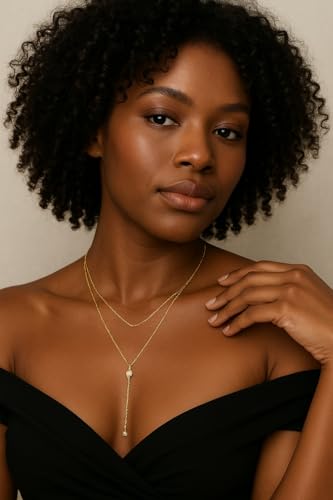14K Gold Plated Y Necklace for Women – Dainty Lariat Long Pendant Chain, Layered Drop Necklace for V Neck Dress, Simple Sexy Cleavage Jewelry Gifts for Women - color: Gold - Double layered - Zircon