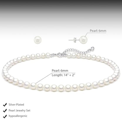 HERIER Gold Jewelry Set for Women - Dainty 14K Gold/Silver Plated Pearl Choker Necklace, Drop Earrings & Bracelets - Wedding Trendy Pearl Jewelry Gift - color: Pearl Necklace+Earrings-Silver