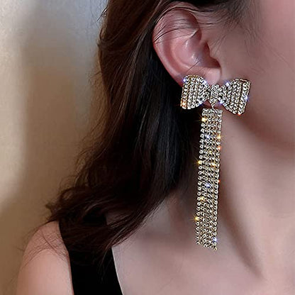 Long Fashion Bow Tassel Earrings Full Diamond Earrings Rhinestone Long Tassels Dangle Earrings for Women Girls - color: Gold