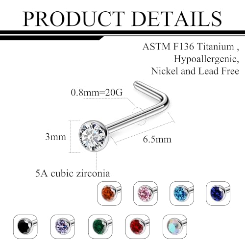 Ruifan ASTM F136 Titanium Nose Rings 18G 20G 22G Jeweled Mix Color Cubic Zirconia Nose Studs Ring Screw L-Shaped Bone Hypoallergenic Body Piercing Jewelry for Women 1.5mm 2mm 2.5mm 3mm 10PCS - style: L-Shaped:20G(0.8mm)-3mm CZ