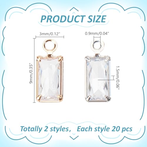 40Pcs 2 Colors Cubic Zirconia Rectangle Charms Clear Crystal Rhinestone Charms Dangle Bead Pendants Brass CZ Gem Pendants for Necklace Earrings Bracelet DIY Jewelry Making Craft