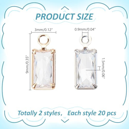 40Pcs 2 Colors Cubic Zirconia Rectangle Charms Clear Crystal Rhinestone Charms Dangle Bead Pendants Brass CZ Gem Pendants for Necklace Earrings Bracelet DIY Jewelry Making Craft