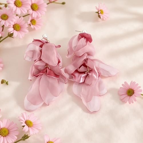 Handmade Bohemian Lightweight Fabric Flower Dangle Drop Earrings Chic Pearl Large Tassel Petal Stud Earrings For Women - color: Pearl Dark Pink