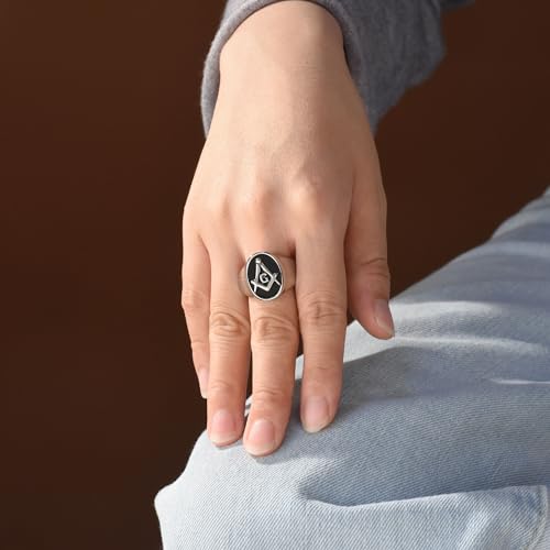 Secret Society Black Oval Masonic Signet Ring Gold Tone Stainless Steel - color: Silver