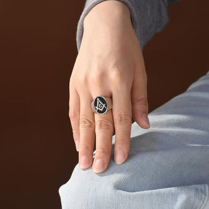 Secret Society Black Oval Masonic Signet Ring Gold Tone Stainless Steel - color: Silver Engrave