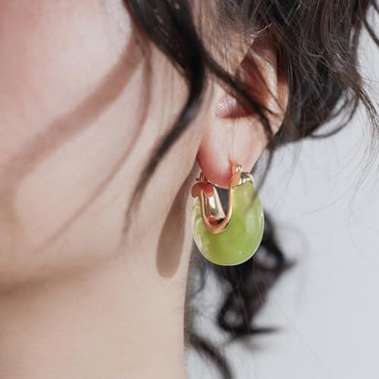 Chunky Gold Resin Hoop Earrings Leverback Statement Huggie Hoops Dangle Drop Dressy Earring Prom Festival Vacation Jewelry for Women - color: Green, size: Drop