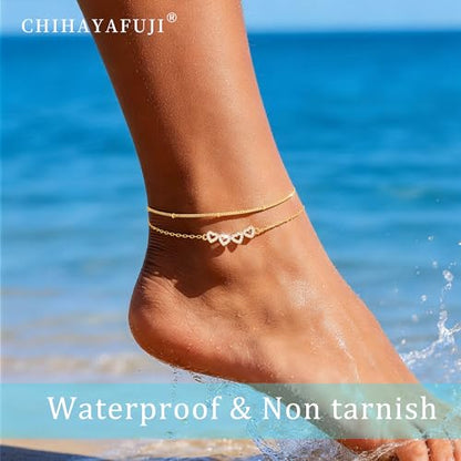 Sterling Silver Ankle Bracelets for Women 14k Gold Plated Waterproof Layered Stackable CZ Charm Non Tarnish Adjustable Anklet for Summer Beach Birthday Jewelry Gift - color: goldB