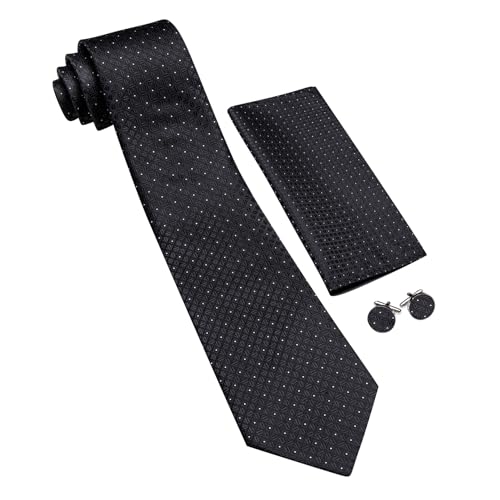 YOHOWA Men Plaid/Striped Ties Clip Set Silk Necktie Pocket Square Cufflinks | Woven Classic,Formal/Casual Mens Tie,Pocket Square Cufflinks Set,Luxury,Business,Wedding,Party,Prom,Graduation - color: Black