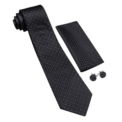 YOHOWA Men Plaid/Striped Ties Clip Set Silk Necktie Pocket Square Cufflinks | Woven Classic,Formal/Casual Mens Tie,Pocket Square Cufflinks Set,Luxury,Business,Wedding,Party,Prom,Graduation - color: Black