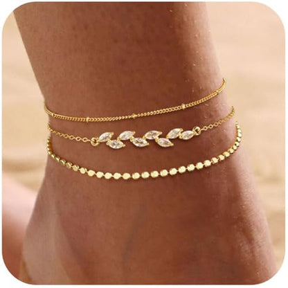 Gold Ankle Bracelets for Women 14k Gold Plated Cuban Link Chain Anklet Set | Stackable, Waterproof, Layered Anklet Bracelets, Non Tarnish, Summer Beach Jewelry - color: Gold C-3pcs