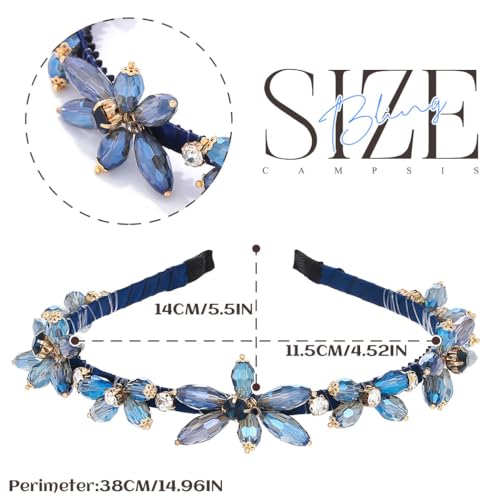 Campsis Blue Crystal Floral Hair Band Bridal Rhinestone Headband for Women | Sapphire Hair Band Jeweled Sparkly Headpiece Prom Banquet Hair Accessory