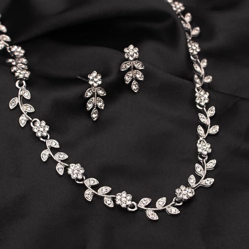 Austrian Crystal Rhinestone Choker Necklace Dangle Earring Link Bracelet Jewelry Set for Brides Bridesmaid Prom Costume Accessories for Women - color: White-Silver Plated