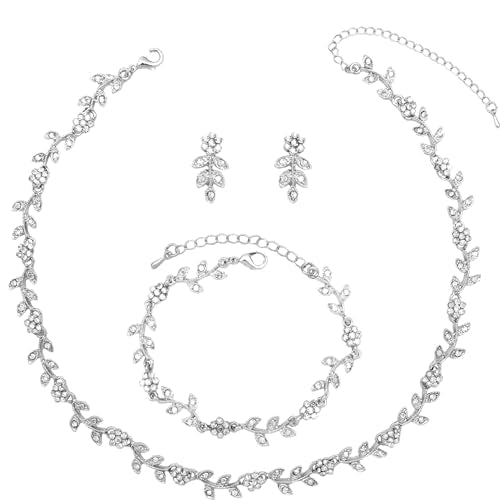 Austrian Crystal Rhinestone Choker Necklace Dangle Earring Link Bracelet Jewelry Set for Brides Bridesmaid Prom Costume Accessories for Women - color: White-Silver Plated
