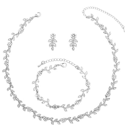 Austrian Crystal Rhinestone Choker Necklace Dangle Earring Link Bracelet Jewelry Set for Brides Bridesmaid Prom Costume Accessories for Women - color: White-Silver Plated