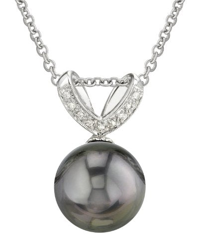 The Pearl Source 14K Gold 11-12mm Round Black Tahitian South Sea Cultured Pearl & Diamond Belissima Pendant Necklace for Women