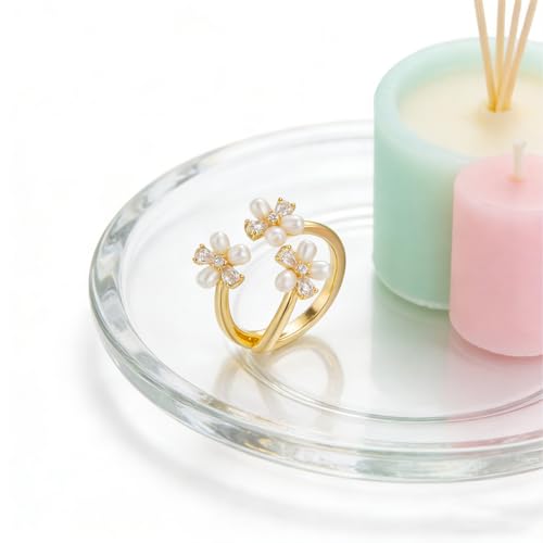 Adjustable Open Flower Rings for Women, 14K Gold Plated Dainty Cherry Blossom Rings with Cubic Zirconia/Enamel/Beads, Cute Floral Statement Rings Jewelry Gifts for Birthday Mother's Day