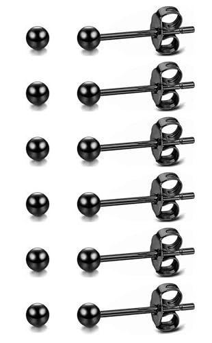 14K Gold Filled Polished Small CZ Pearl Ball Stud Earrings Set for Women Men 20G Surgical Steel Hypoallergenic Piercing Studs for Sensitive Ear, Pack of 6 Pairs - style: B : 3MM Black Ball Set
