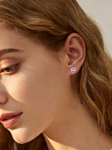 FindChic Birthstone Earrings for Women, Round/Heart/Square/Teardrop Earrings with 925 Sterling Silver Posts & Push Backs, Hypoallergenic Studs with Cubic Zirconia, 12 Months Jewelry with Gift Box - style: 06. June-Alexandrite (Heart-Silver)