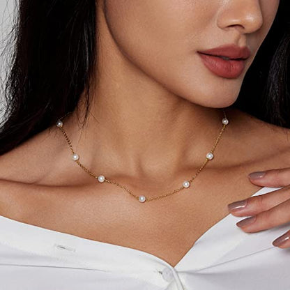 Zeffy Pearl Necklace 4MM/6MM/8MM Dainty Round Imitation Pearl Choker Necklace Wedding Pearl Necklace Delicate Jewelry for Women Simple Bridesmaid Jewelry Gifts - style: 4mm Gold Satellite Pearl Necklace(14"+2")
