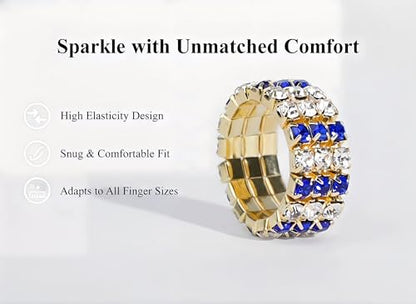 Sparkling Rhinestone Ring Set Trendy Elastic Rhinestone Crystal Stretch Ring Stackable Jewelry for Women Girls - color: 3 Rows Ring-Golden+White+Blue
