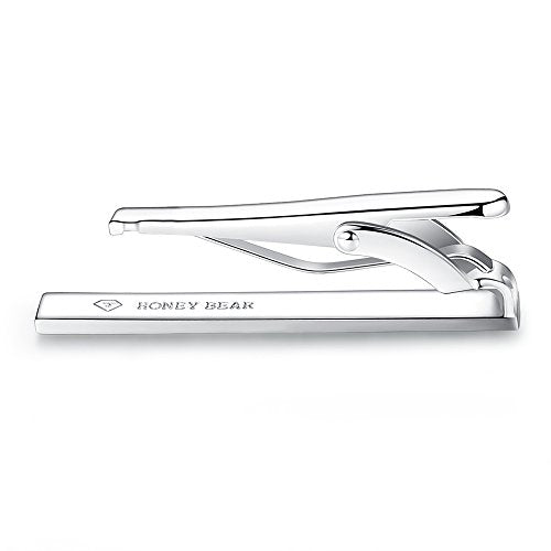 HONEY BEAR 1.57" Skinny Tie Clip Bar for Men Steel Business Wedding Gift | Classic Minimalist, Steel-Plated Copper Base, Gift-Boxed, Thickened, Rounded Corners, Easy to Slide On, No Snag or Wrinkle - style: Shinny Silver 4cm