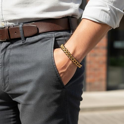 18K Gold-Plated Bracelets for Men Franco Link Chain Adjustable | Stainless Steel Bracelet, Gold Beads Bracelet, Handcrafted Braided, Mens Jewelry Birthday Gift for Men - color: Golden Yellow