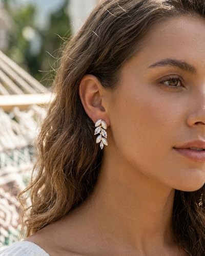 Pearl Earrings - 14K Gold/White Gold/Rose Gold Plated Cubic Zirconia CZ Diaomond Accented Pearl Drop Dangle Earrings for Women Wedding Bridal Prom - color: Gold leaf design