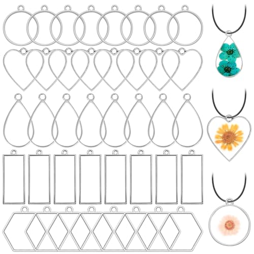 Oubaka 50pcs Open Bezels 5 Styles Open Frame Pendant Open Back Bezel Pendants Geometric Hollow Frame Pendant for Resin Casting, Necklace, Earrings, Pressed Flower, DIY Crafts(White K) - color: 50pcs;White K;5 Styles;B