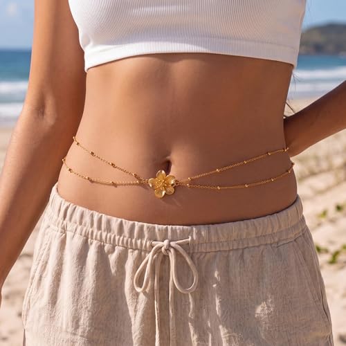 14K Gold Plated Belly Chain for Women, Boho Bikini Waist Jewelry | Adjustable Fit, Dainty Layered Look, Pearl, Shell & Starfish Options, Boho Body Jewelry, Beach, Vacation - color: Gold-Plated 5
