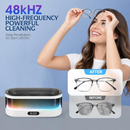 Ultrasonic Jewelry Cleaner 48KHz with RGB Lights for Eyeglasses, Rings, Watches, Dentures, 350ML 304 Stainless Steel Tank, Dual Modes Professional Sonic Cleaner Gift for Wife,Mom,Daughter - color: White