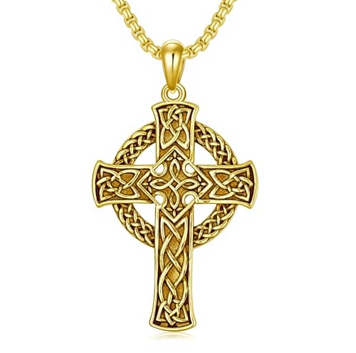 Celtic Cross Necklace For Men ，18K Gold Plated Celtic Cross Celtic Amulet Necklace Protection Jewelry Religious Gifts with 2.5mm 22"+2" Adjustable Rolo Chain - style: style4