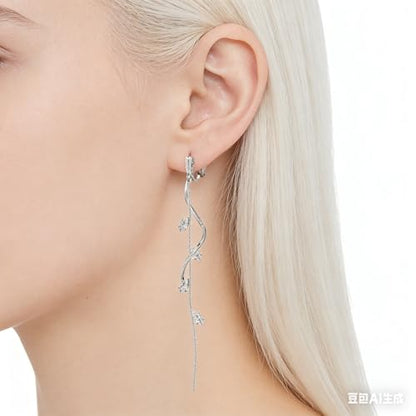 ASOQOLA Clip on Earrings Non Pierced for Women Long Dangle Drop Clip Earrings - Cubic Zirconia Leaf Earrings for Women Wedding Party Prom Jewelry Gifts - color: silver