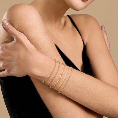 Bracelets for Women, Dainty Stackable Bracelet Stack Sets Tiny Box Chain Adjustable Bracelets Minimalist Cute Jewelry Paperclip Link Layered Waterproof Jewelry Sets Gifts - style: 5-PIECE PLAIN BAND