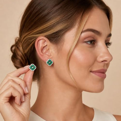 Green/Blue Zircon 4-Leaf Clover Jewelry Set – Necklace, Ring, Earrings – Women's Wedding & Evening Gift for Wife, Girlfriend, Mother – Comes with Gift Box - color: Green Earrings