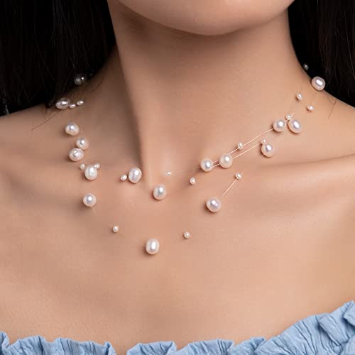 925 Sterling Silver Dainty Freshwater Cultured Pearl Choker Necklace White Genuine Real Pearl Charm Necklaces Jewelry Gifts for Her - color: Satellite Pearl-Silver 3Plus