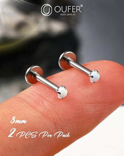 OUFER 2PCS 16G/20G Nose Lip Studs, G23 Solid Titanium Threadless Push in Nose Nostril Lip Labret Medusa Monroe Helix Cartilage Tragus Conch Lobe Piercing Jewelry for Women Men - color: Silver bar, Claw Opal, size: 2pcs, 16g 8mm, 1.5mm Opal