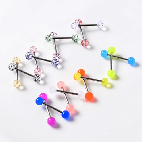 FORUBUS Colorful Tongue Rings Nipple Rings for Women Body Piercing Jewelry 14G 16mm Pierced Barbells Body Jewelry 50Pcs/30Pcs/20Pcs Pack - color: E-16pcs glow steel